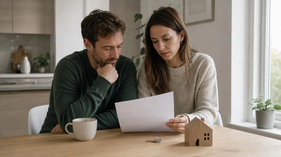Köpare som går igenom avtal och handpenning inför ett bostadsköp