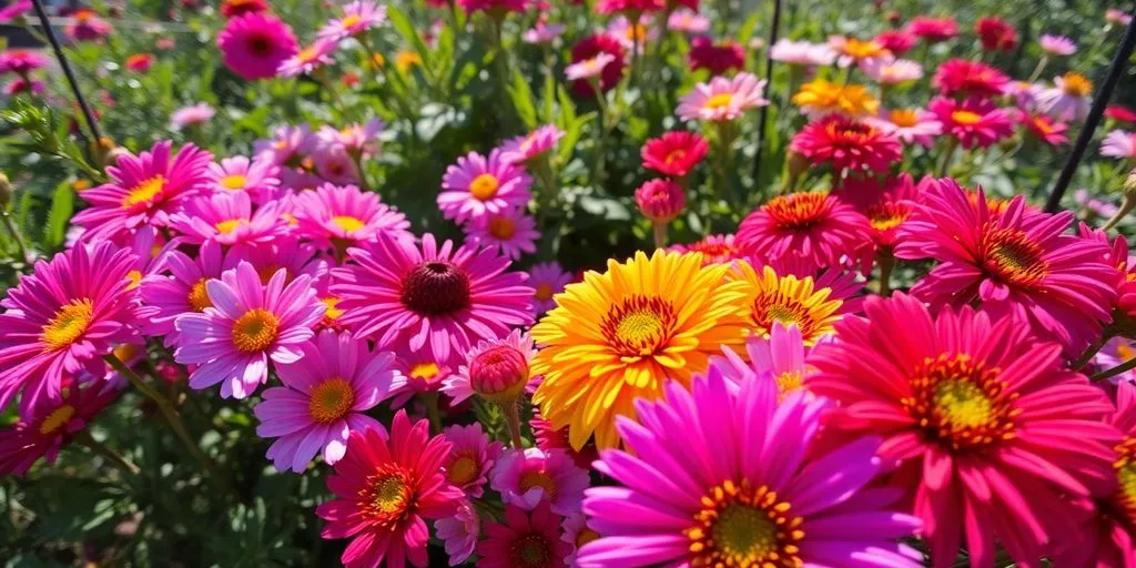 Färggranna perenner i full blomning, solig trädgård.