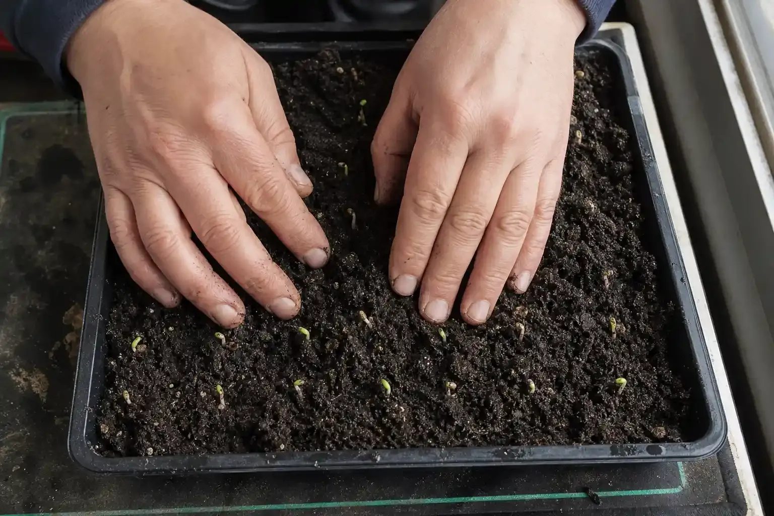 Händer som trycker ner jord runt småplantor i ett fröbrätte när man odlar chili och paprika hemma.