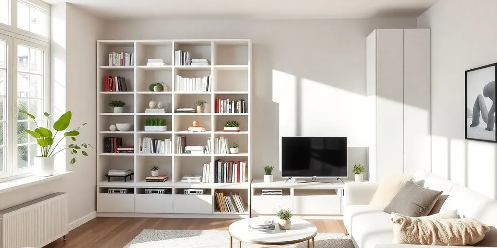 Ljust vardagsrum med integrerad IKEA förvaring för böcker och inredning.