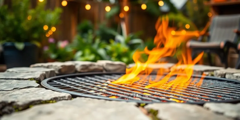 Mysig grillplats i trädgården med eld