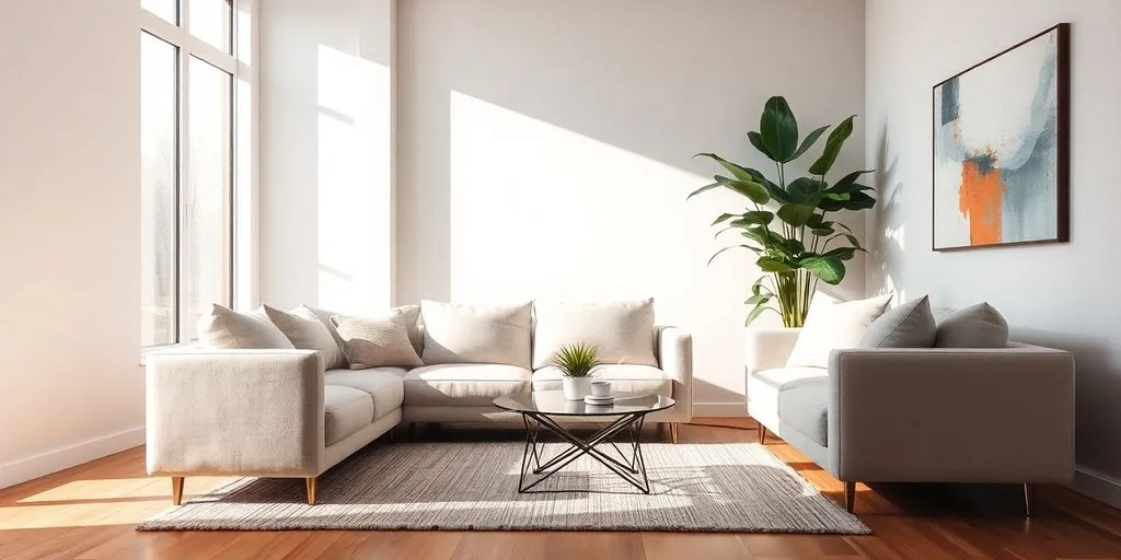 Ett elegant, modernt vardagsrum med designmöbler och konstdetaljer.