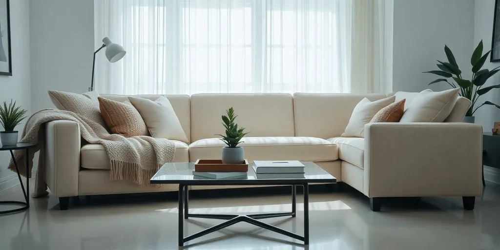 Mysigt vardagsrum med modern inredning och naturligt ljus.