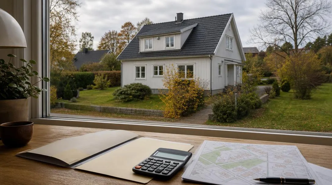 Fastighetshandlingar och en villa som illustrerar taxeringsvärde
