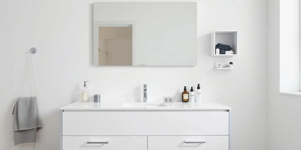Modernt IKEA badrum med smarta förvaringslösningar.
