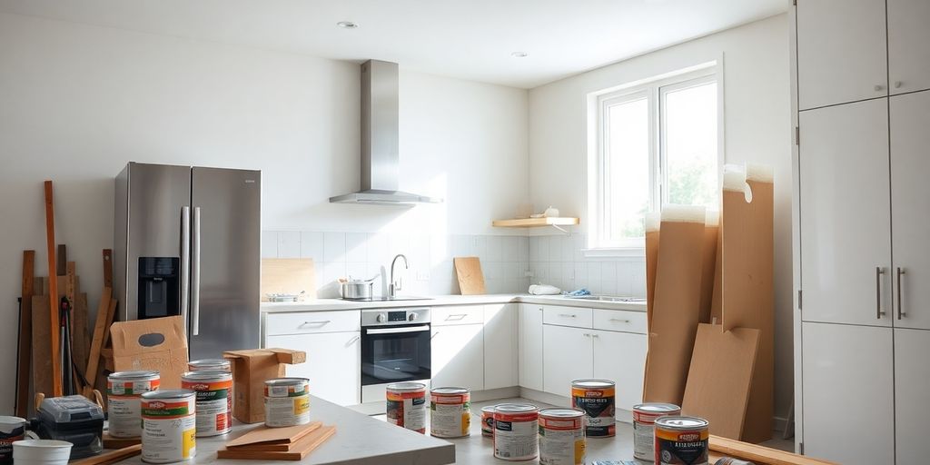 Kök med renoveringsverktyg och material