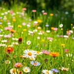 Svenska ängsblommor i full blom, soligt.