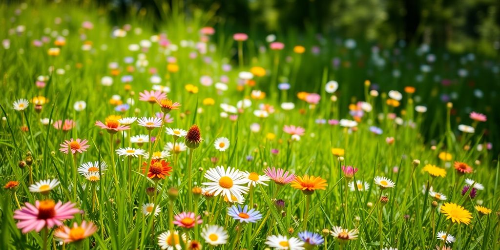 Svenska ängsblommor i full blom, soligt.