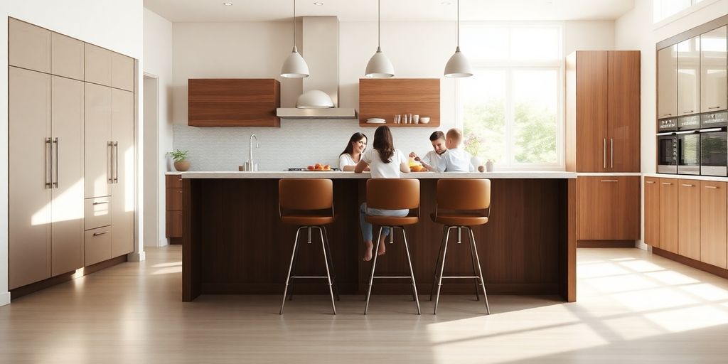 Modernt kök med köksö, stolar och familj som sitter