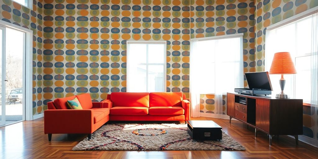 Retro vardagsrum med orange soffa och mönstrad tapet.