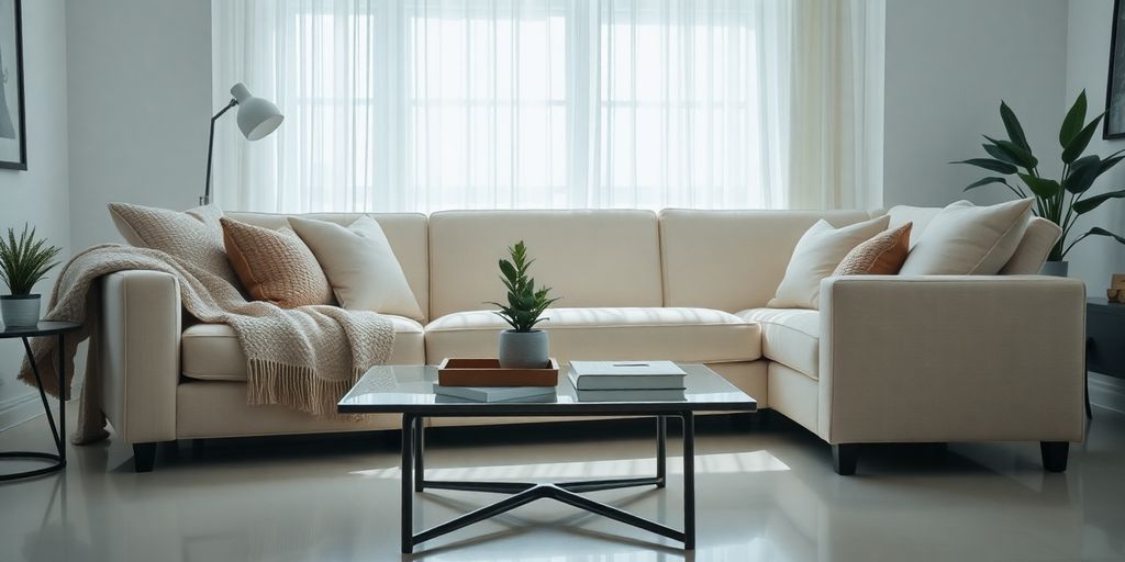 Mysigt vardagsrum med modern inredning och naturligt ljus.