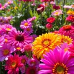 Färggranna perenner i full blomning, solig trädgård.