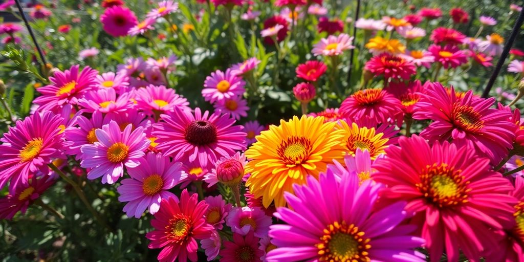 Färggranna perenner i full blomning, solig trädgård.